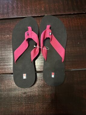 Tommy Hilfiger Black Flip Flops with Pink Fabric Straps